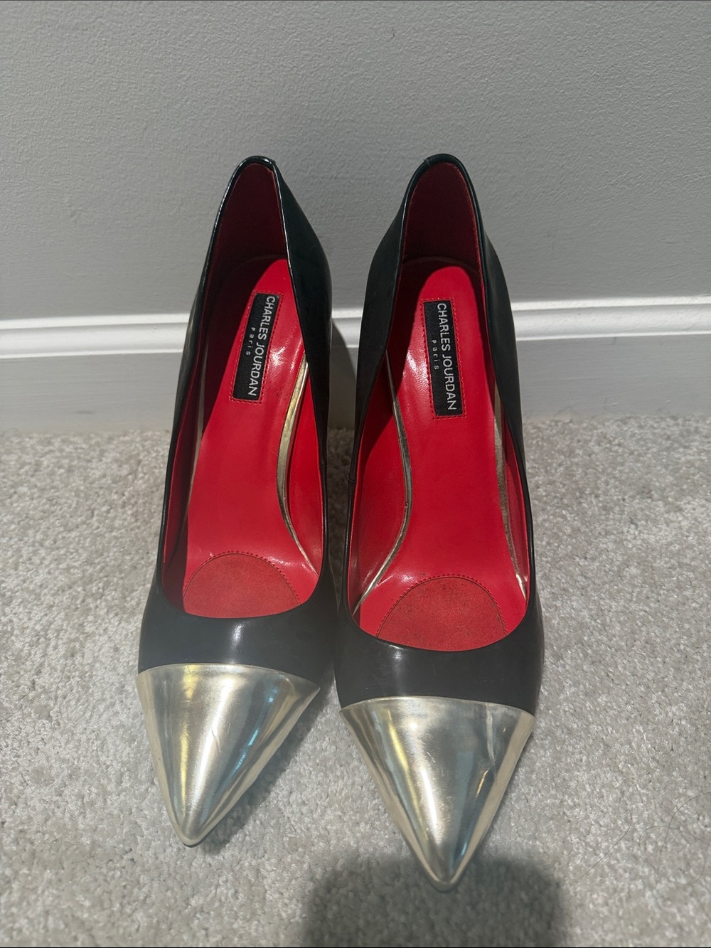 Charles Jourdan Black Pumps with Gold Cap Toe and Red Interior